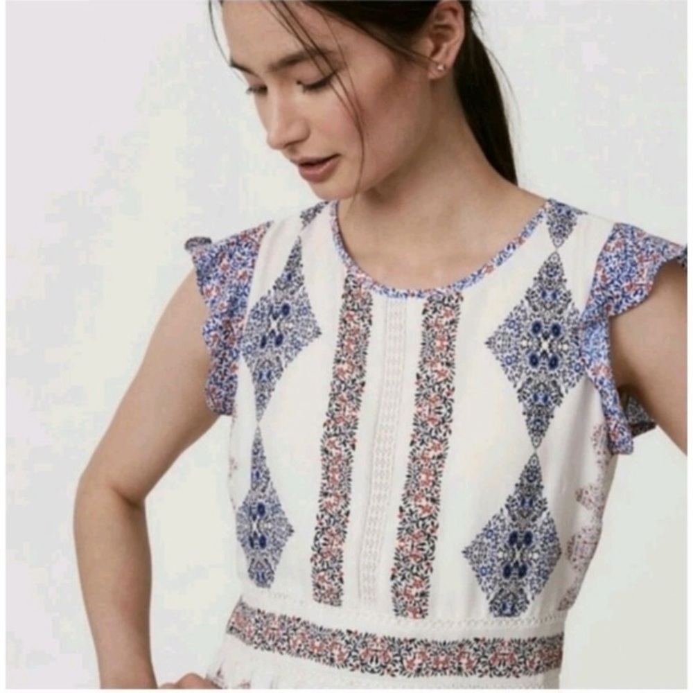 Loft  Midi Dress with Navy & Rust Print embroidered detailing size 4 - Picture 2 of 11